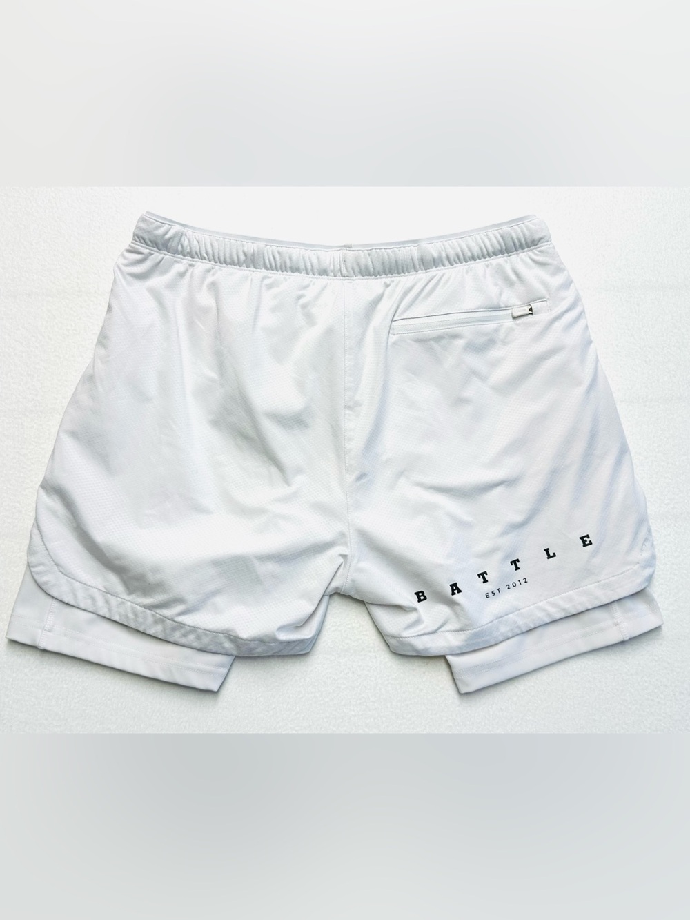 Battle Men’s 2-in-1 Running Shorts White Compression Liner Zip Pocket A/M - Picture 5 of 6